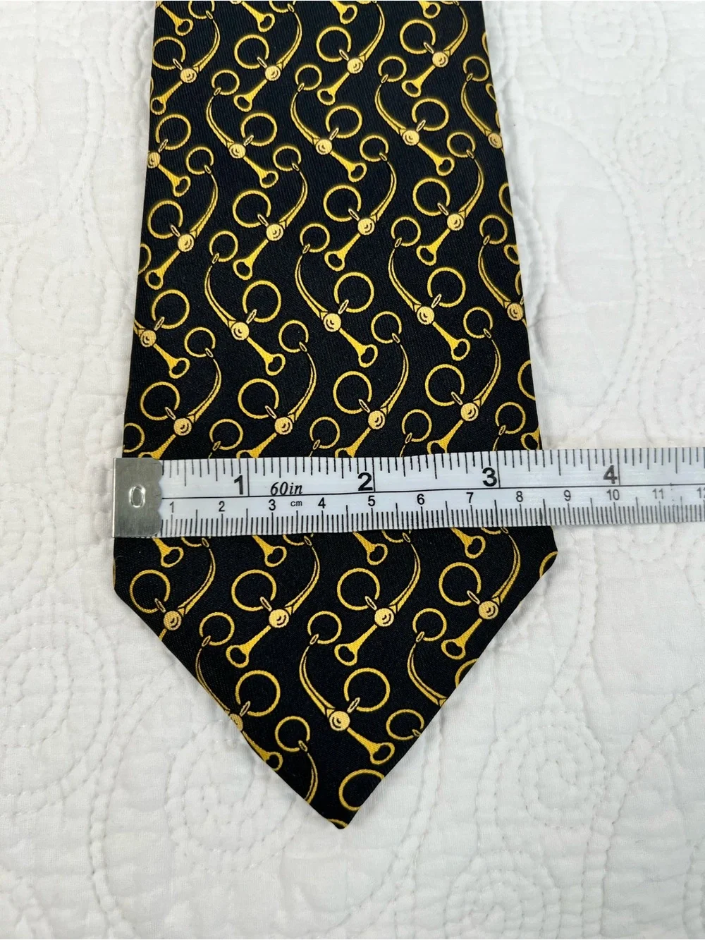 Vintage Hermès Silk Tie 643 TA Black Gold Horsebit Equestrian Scarf Print France
